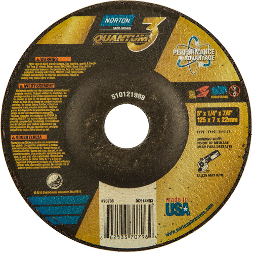 Quantum3 Grinding Wheel, 5" x 1/4", 7/8" Arbor, Ceramic, Type 27 Action Paper