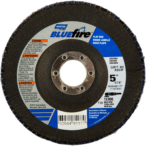 BlueFire Flap Disc, 5" x 7/8", Type 29, 36 Grit, Zirconia Alumina Action Paper