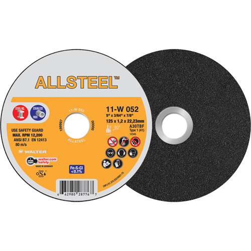AllSteel Cut-Off Wheel, 5" x 3/64", 7/8" Arbor, Type 1, Aluminum Oxide, 12250 RPM Action Paper