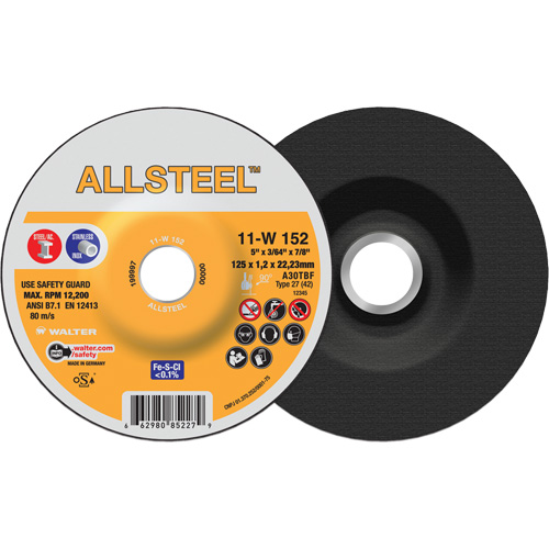AllSteel Cut-Off Wheel, 5" x 3/64", 7/8" Arbor, Type 27, Aluminum Oxide, 12250 RPM Action Paper