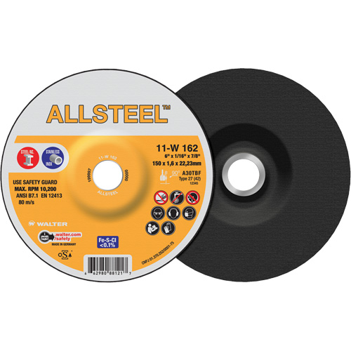 AllSteel Cut-Off Wheel, 6" x 1/16", 7/8" Arbor, Type 27, Aluminum Oxide, 10200 RPM Action Paper