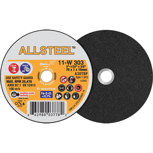 AllSteel Mini Cut-Off Wheel, 3" x 1/32", 3/8" Arbor, Type 1, Aluminum Oxide, 25470 RPM Action Paper