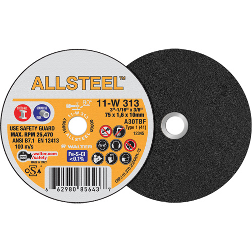AllSteel Mini Cut-Off Wheel, 3" x 1/16", 3/8" Arbor, Type 1, Aluminum Oxide, 25470 RPM Action Paper