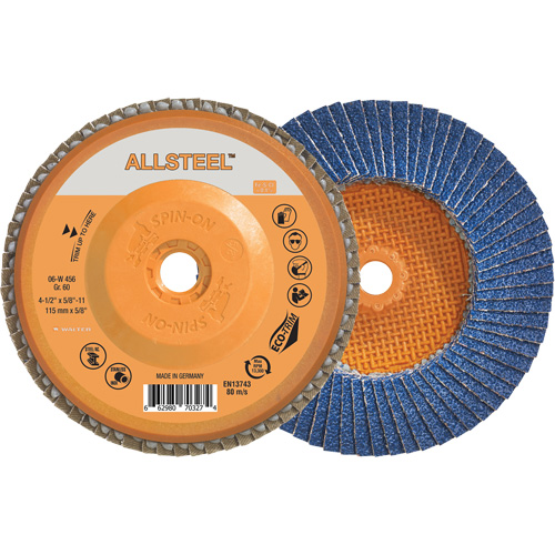 ALLSTEEL Flap Disc, 4-1/2" x 5/8"-11, Type 27, 60 Grit, Zirconia Alumina Action Paper