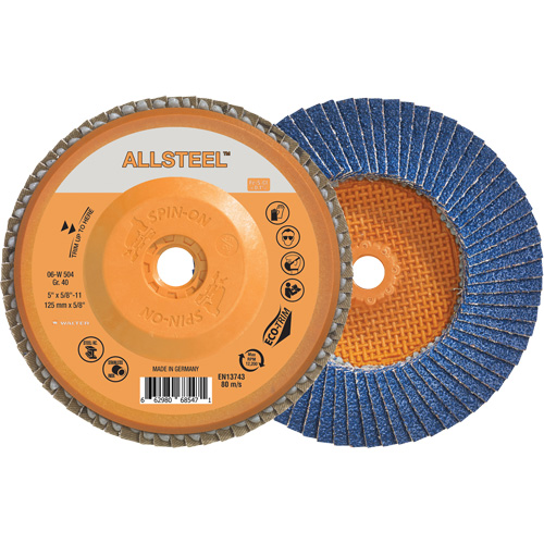 AllSteel Flap Disc, 5" x 5/8"-11, Type 27, 40 Grit, Zirconia Alumina Action Paper
