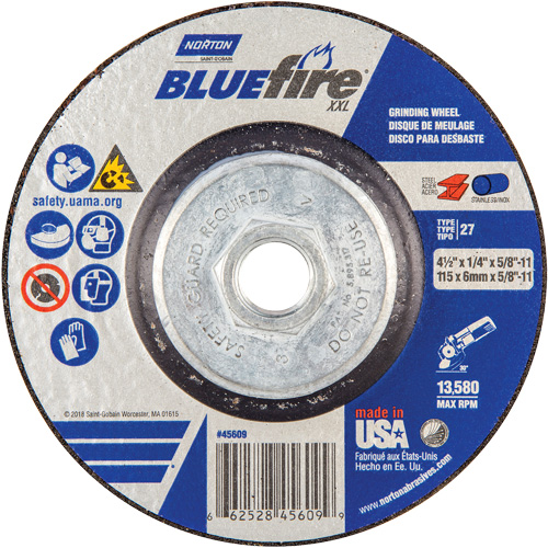 BlueFire&reg; XXL Grinding Wheel, 4-1/2" x 1/4", 5/8" Arbor, Ceramic Alumina, Type 27 Action Paper