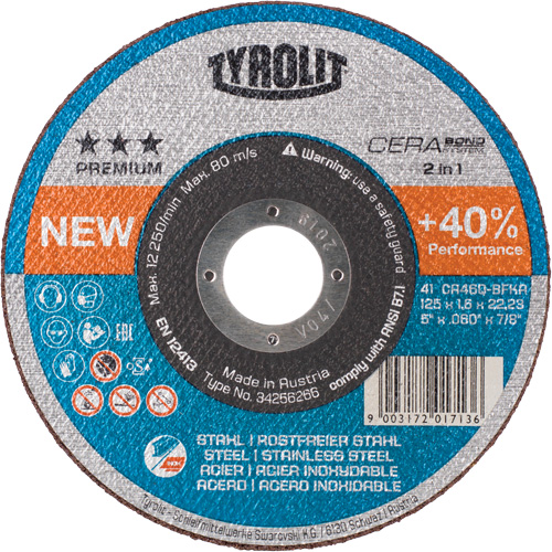 Premium Cerabond Cut-Off Wheel, 5" x 1/16", 7/8" Arbor, Type 27, Ceramic, 12250 RPM Action Paper