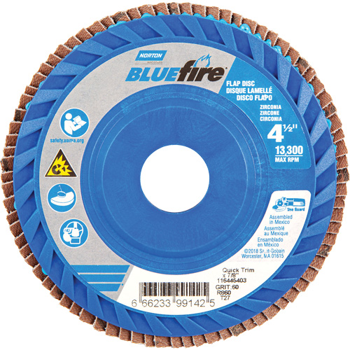 BlueFire&reg; Medium Grade Flap Disc, 4-1/2" x 7/8", Type 27, 60 Grit, Zirconia Alumina Action Paper