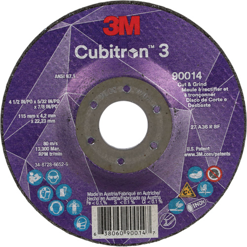 Cubitron 3 Cut & Grind Wheel, 4-1/2" x 5/32", 7/8" Arbor, Type T27, 36+ Grit, Ceramic Action Paper