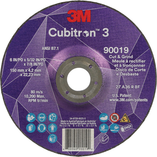 Cubitron 3 Cut & Grind Wheel, 6" x 5/32", 7/8" Arbor, Type T27, 36+ Grit, Ceramic Action Paper
