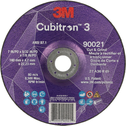 Cubitron 3 Cut & Grind Wheel, 7" x 5/32", 7/8" Arbor, Type T27, 36+ Grit, Ceramic Action Paper