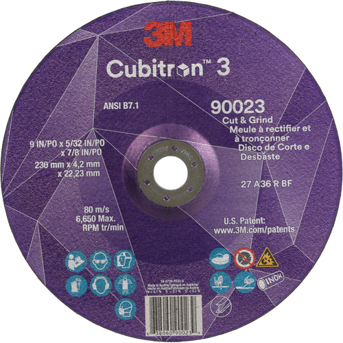 Cubitron 3 Cut & Grind Wheel, 9" x 5/32", 7/8" Arbor, Type T27, 36+ Grit, Ceramic Action Paper