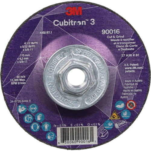 Cubitron 3 Cut & Grind Wheel, 4-1/2" x 5/32", 5/8"-11 Arbor, Type T27, 36+ Grit, Ceramic Action Paper