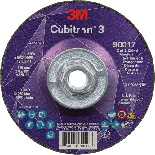 Cubitron 3 Cut & Grind Wheel, 5" x 5/32", 5/8"-11 Arbor, Type T27, 36+ Grit, Ceramic Action Paper