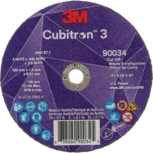Cubitron 3 Cut-Off Wheel, 4" x 0.045", 3/8" Arbor, Type T1, Ceramic, 21000 RPM Action Paper
