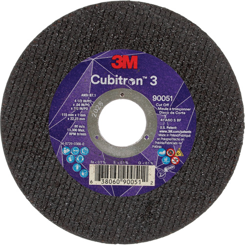 Cubitron 3 Cut-Off Wheel, 4-1/2" x 0.04", 7/8" Arbor, Type T1, Ceramic, 13300 RPM Action Paper
