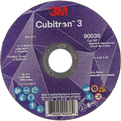 Cubitron 3 Cut-Off Wheel, 4-1/2" x 0.045", 7/8" Arbor, Type T1, Ceramic, 13300 RPM Action Paper