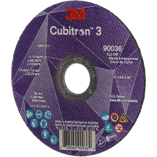Cubitron 3 Cut-Off Wheel, 4-1/2" x 0.045", 7/8" Arbor, Type T1, Ceramic, 13300 RPM Action Paper