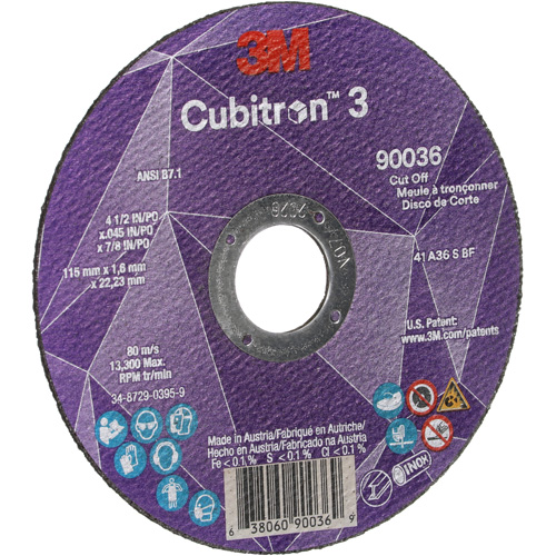 Cubitron 3 Cut-Off Wheel, 4-1/2" x 0.045", 7/8" Arbor, Type T1, Ceramic, 13300 RPM Action Paper