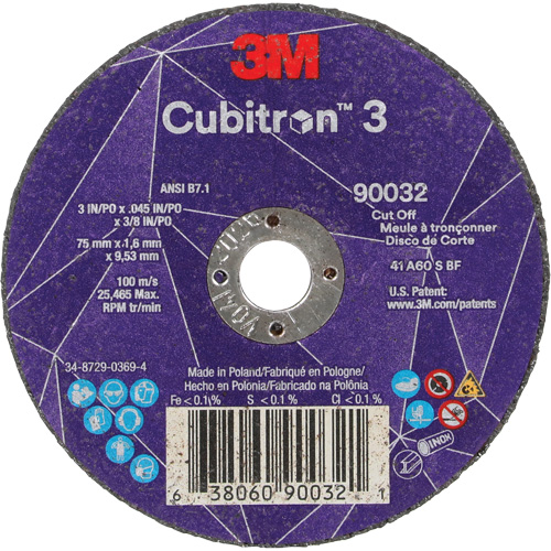 Cubitron 3 Cut-Off Wheel, 3" x 0.045", 3/8" Arbor, Type T1, Ceramic, 21000 RPM Action Paper