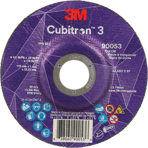 Cubitron 3 Cut-Off Wheel, 4-1/2" x 0.04", 7/8" Arbor, Type T27, Ceramic, 13300 RPM Action Paper