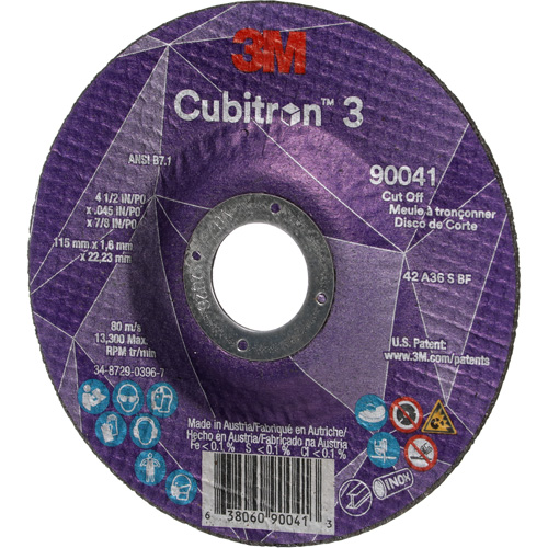 Cubitron 3 Cut-Off Wheel, 4-1/2" x 0.045", 7/8" Arbor, Type T27, Ceramic, 13300 RPM Action Paper