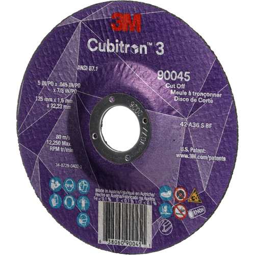 Cubitron 3 Cut-Off Wheel, 5" x 0.045", 7/8" Arbor, Type T27, Ceramic, 12250 RPM Action Paper