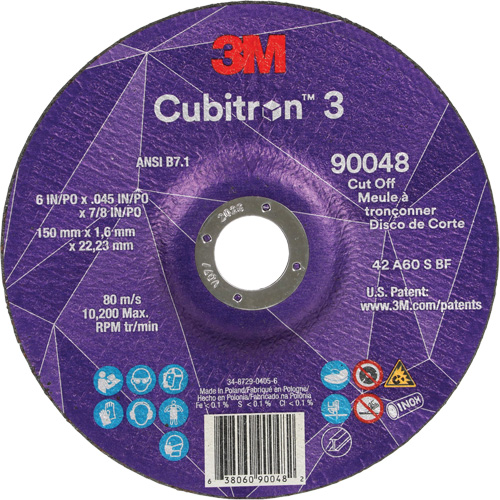 Cubitron 3 Cut-Off Wheel, 6" x 0.045", 7/8" Arbor, Type T27, Ceramic, 10200 RPM Action Paper
