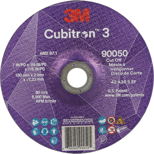 Cubitron 3 Cut-Off Wheel, 7" x 0.09", 7/8" Arbor, Type T27, Ceramic, 8500 RPM Action Paper