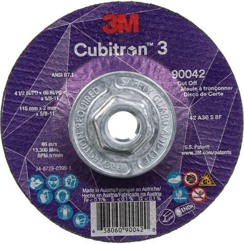 Cubitron 3 Cut-Off Wheel, 4-1/2" x 0.09", 5/8"-11 Arbor, Type T27, Ceramic, 13300 RPM Action Paper