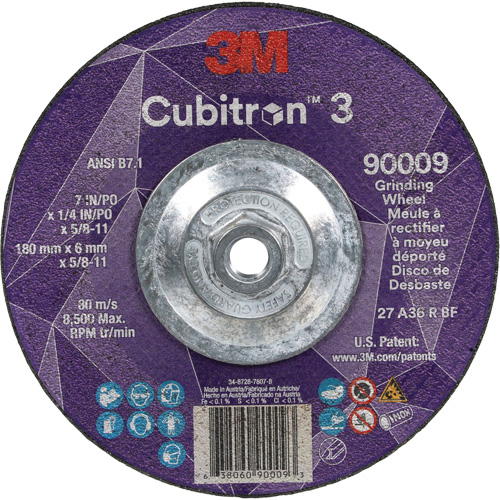 Cubitron 3 Depressed Centre Grinding Wheel, 7" x 1/4", 5/8"-11 Arbor, Ceramic, Type T27 Action Paper