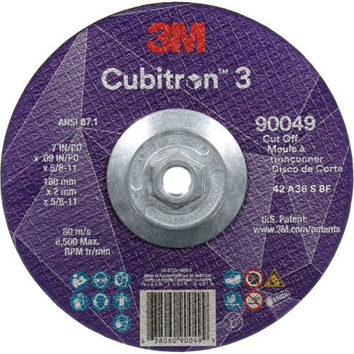 Cubitron 3 Cut-Off Wheel, 7" x 0.09", 5/8"-11 Arbor, Type T27, Ceramic, 8500 RPM Action Paper