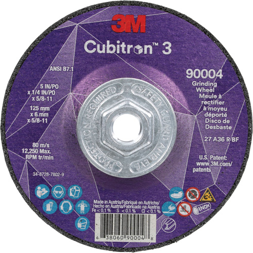 Cubitron 3 Depressed Centre Grinding Wheel, 5" x 0.25", 5/8"-11 Arbor, Ceramic, Type T27 Action Paper