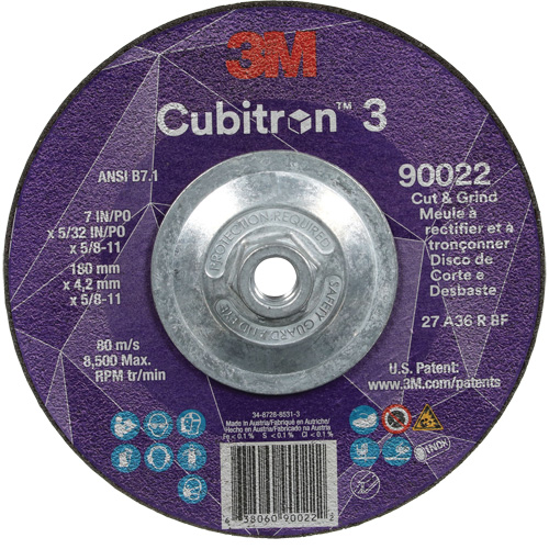 Cubitron 3 Cut and Grind Wheel, 7" x 5/32", 5/8"-11 Arbor, Type 27, 36 Grit, Ceramic Action Paper