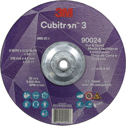 Cubitron 3 Cut and Grind Wheel, 9" x 5/32", 5/8"-11 Arbor, Type 27, 36 Grit, Ceramic Action Paper
