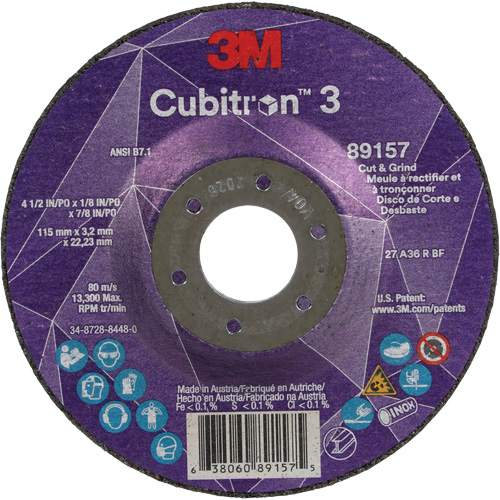 Cubitron 3 Cut and Grind Wheel, 4-1/2" x 1/8", 7/8" Arbor, Type 27, 36 Grit, Ceramic Action Paper