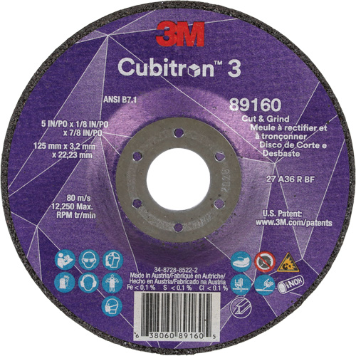 Cubitron 3 Cut and Grind Wheel, 5" x 1/8", 7/8" Arbor, Type 27, 36 Grit, Ceramic Action Paper