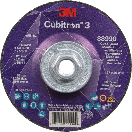 Cubitron 3 Cut and Grind Wheel, 5" x 1/8", 5/8"-11 Arbor, Type 27, 36 Grit, Ceramic Action Paper