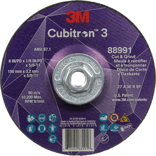 Cubitron 3 Cut and Grind Wheel, 6" x 1/8", 5/8"-11 Arbor, Type 27, 36 Grit, Ceramic Action Paper