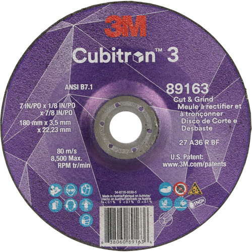 Cubitron 3 Cut and Grind Wheel, 7" x 1/8", 7/8" Arbor, Type 27, 36 Grit, Ceramic Action Paper