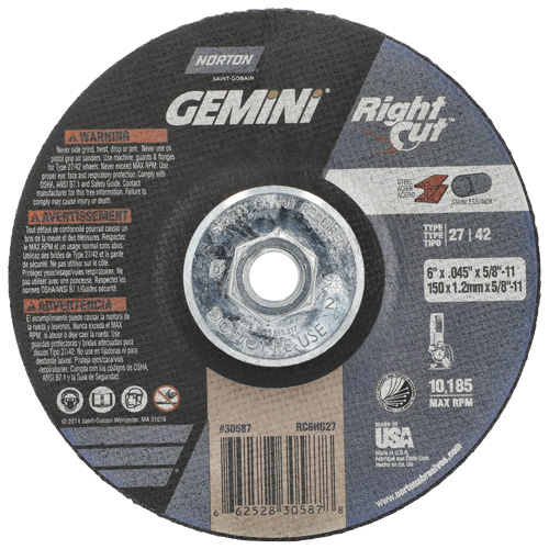 Gemini RightCut Right Angle Cut-Off Wheel, 6" x 0.045", 5/8"-11 Arbor, Type 27/42, Aluminum Oxide, 10185 RPM Action Paper