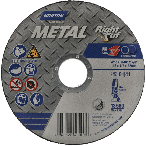 Meule &agrave; tronçonner m&eacute;tallique pour coupe &agrave; angle droit RightCut, 4-1/2" x 0,045", Arbre de 7/8", Type 01/41, Oxyde d'aluminium, 13580 Tr/min Action Paper