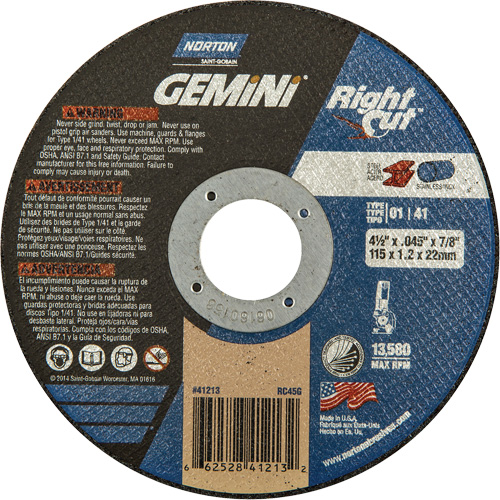 Meule &agrave; tronçonner pour coupe &agrave; angle droit RightCut Gemini, 4-1/2" x 0,045", Arbre de 7/8", Type 01/41, Oxyde d'aluminium, 13580 Tr/min Action Paper