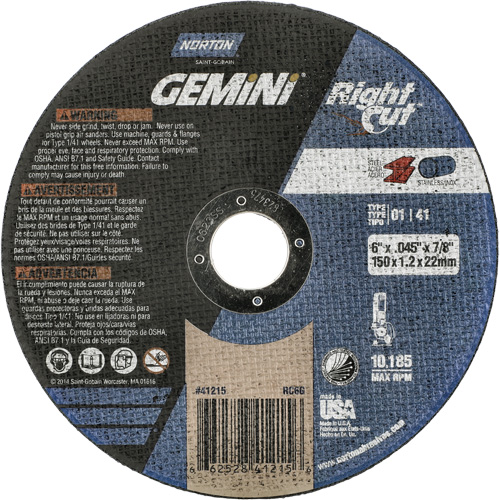 Meule &agrave; tronçonner pour coupe &agrave; angle droit RightCut Gemini, 6" x 0,045", Arbre de 7/8", Type 01/41, Oxyde d'aluminium, 10185 Tr/min Action Paper