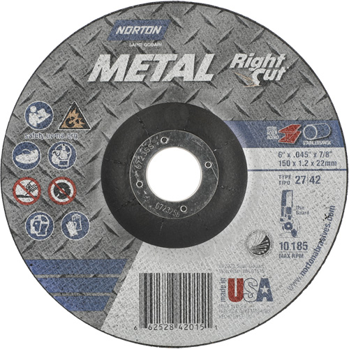 Metal RightCut Right Angle Cut-Off Wheel, 6" x 0.045", 7/8" Arbor, Type 27/42, Aluminum Oxide, 10190 RPM Action Paper
