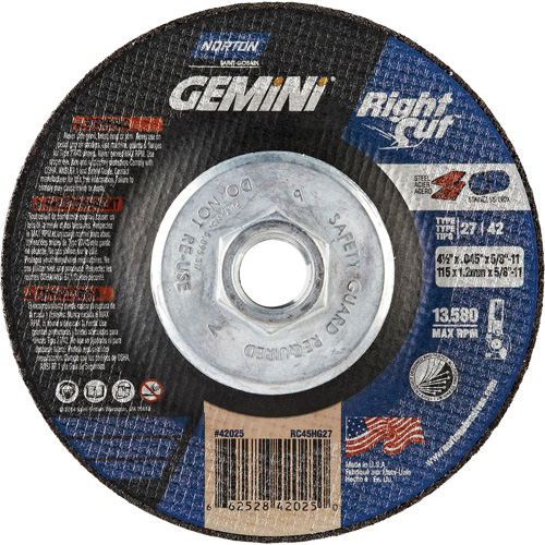 Meule &agrave; tronçonner pour coupe &agrave; angle droit RightCut Gemini, 4-1/2" x 0,045", Arbre de 5/8"-11, Type 27/42, Oxyde d'aluminium, 13580 Tr/min Action Paper