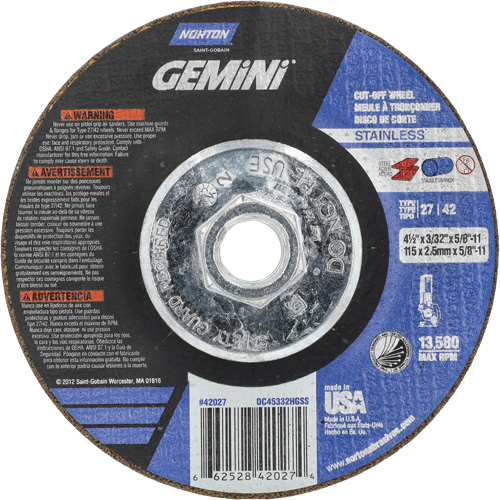 Meule &agrave; tronçonner pour coupe &agrave; angle droit INOX/SS Gemini, 4-1/2" x 3/32", Arbre de 5/8"-11, Type 27/42, Oxyde d'aluminium, 13580 Tr/min Action Paper