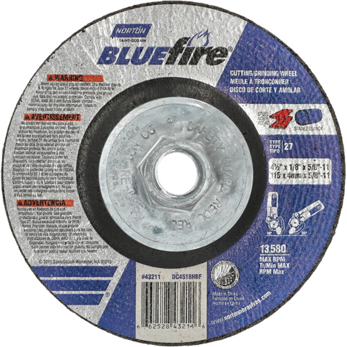Disque de meulage et tronçonnage BlueFire, 4-1/2" x 1/8", Arbre de 5/8"-11, Type 27, Alumine de zirconium Action Paper