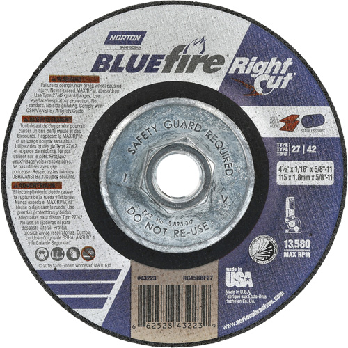 BlueFire RightCut Right Angle Cut-Off Wheel, 4-1/2" x 1/16", 5/8"-11 Arbor, Type 27/42, Aluminum Oxide, 13580 RPM Action Paper