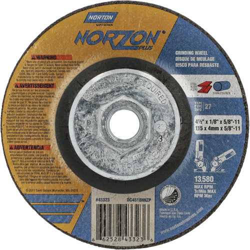 NorZon Plus SGZ CA Grinding & Cutting Wheel, 4-1/2" x 1/8", 5/8"-11 Arbor, Type 27, Ceramic Alumina Action Paper